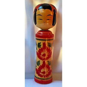 Japanese Kokeshi Doll Kimono Floral Design Hand Painted Flowers 9 1/2 “